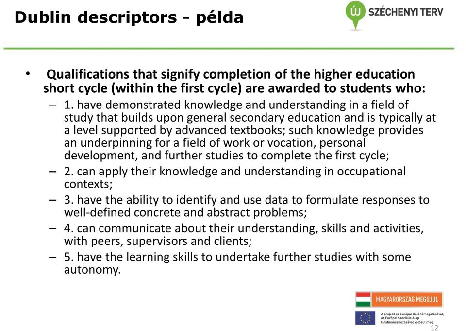 underpinning for a field of work or vocation, personal development, and further studies to complete the first cycle; 2. can apply their knowledge and understanding in occupational contexts; 3.