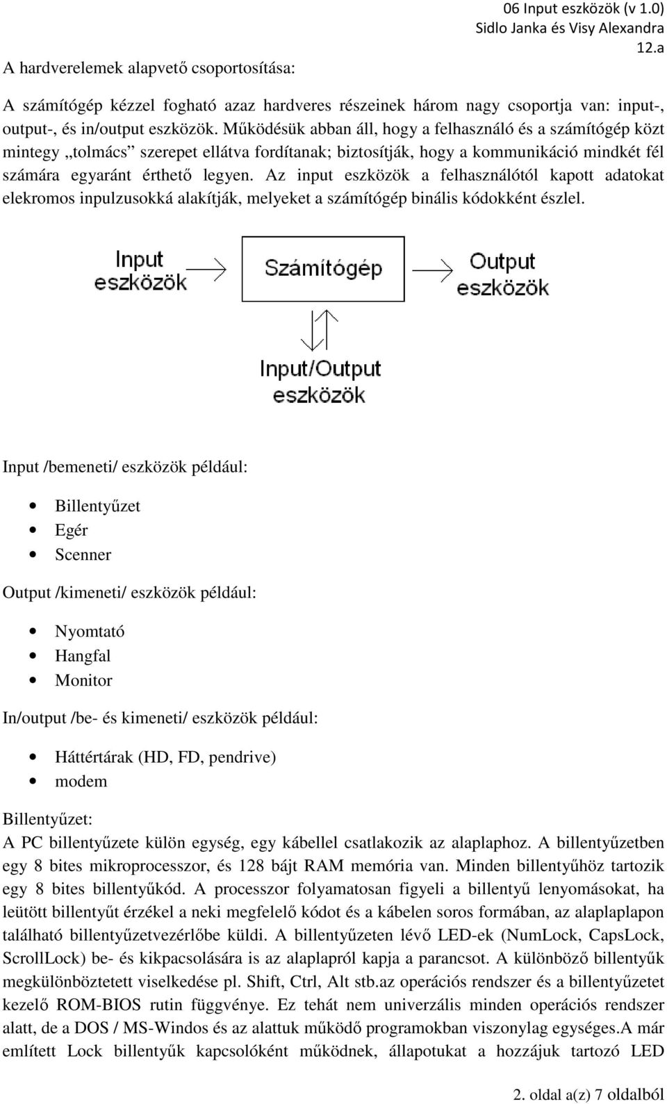 Az input eszközök a felhasználótól kapott adatokat elekromos inpulzusokká alakítják, melyeket a számítógép binális kódokként észlel.