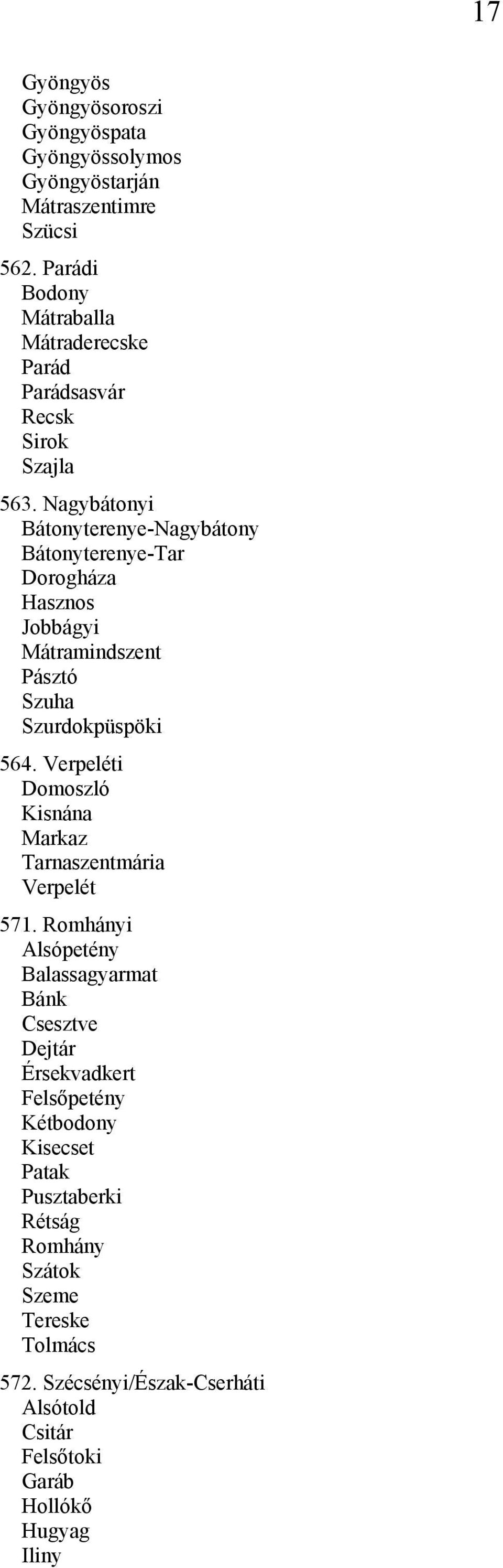 Nagybátonyi Bátonyterenye-Nagybátony Bátonyterenye-Tar Dorogháza Hasznos Jobbágyi Mátramindszent Pásztó Szuha Szurdokpüspöki 564.