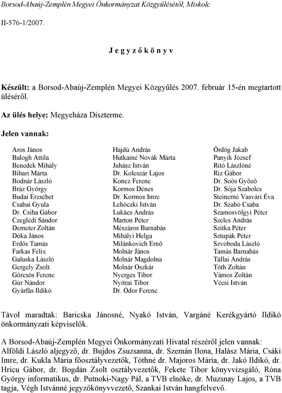 Csiba Gábor Czeglédi Sándor Demeter Zoltán Dóka János Erdős Tamás Farkas Félix Galuska László Gergely Zsolt Görcsös Ferenc Gúr Nándor Gyárfás Ildikó Hajdú András Hutkainé Novák Márta Juhász István Dr.