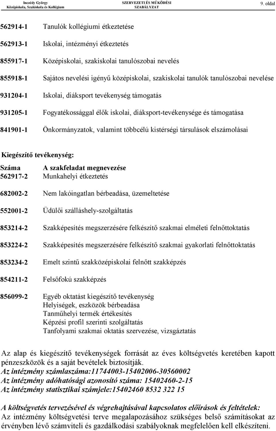 valamint többcélú kistérségi társulások elszámolásai Kiegészítő tevékenység: Száma A szakfeladat megnevezése 562917-2 Munkahelyi étkeztetés 682002-2 Nem lakóingatlan bérbeadása, üzemeltetése 552001-2