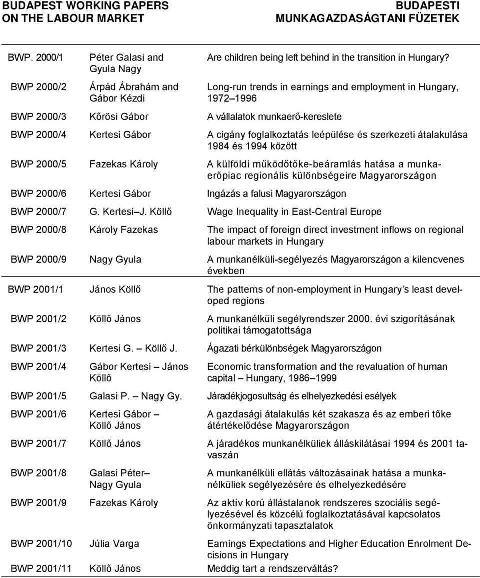Long-run trends in earnings and employment in Hungary, 1972 1996 BWP 2000/3 Kőrösi Gábor A vállalatok munkaerő-kereslete BWP 2000/4 Kertesi Gábor A cigány foglalkoztatás leépülése és szerkezeti