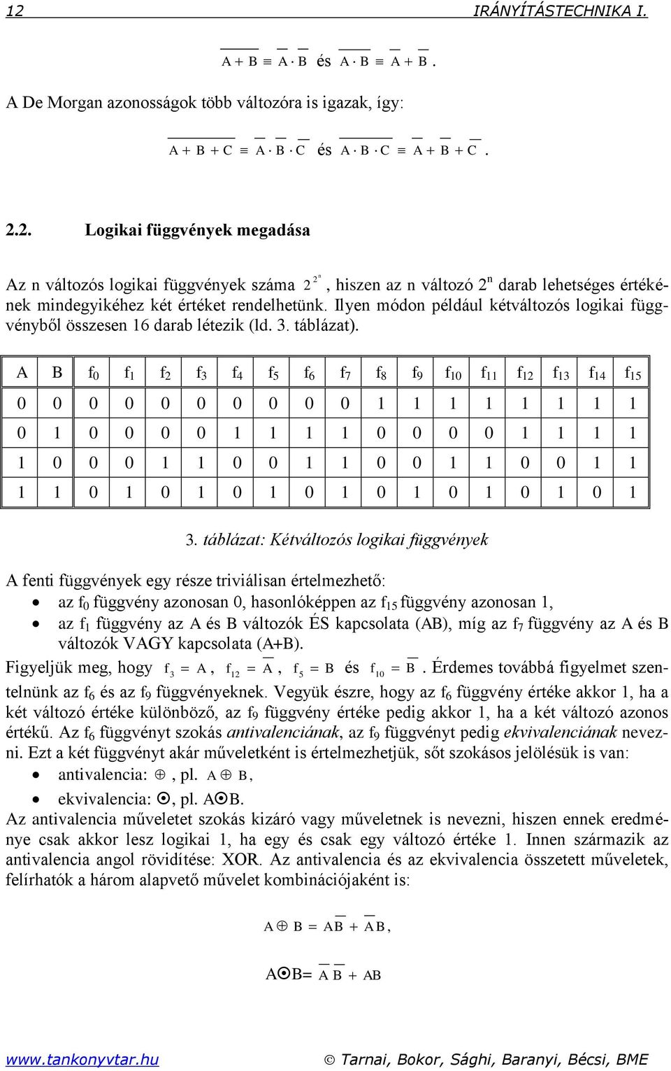 Ilen módon például kétváltozós logikai függvénből összesen 6 darab létezik (ld. 3. táblázat). f f f f 3 f 4 f 5 f 6 f 7 f 8 f 9 f f f f 3 f 4 f 5 3.