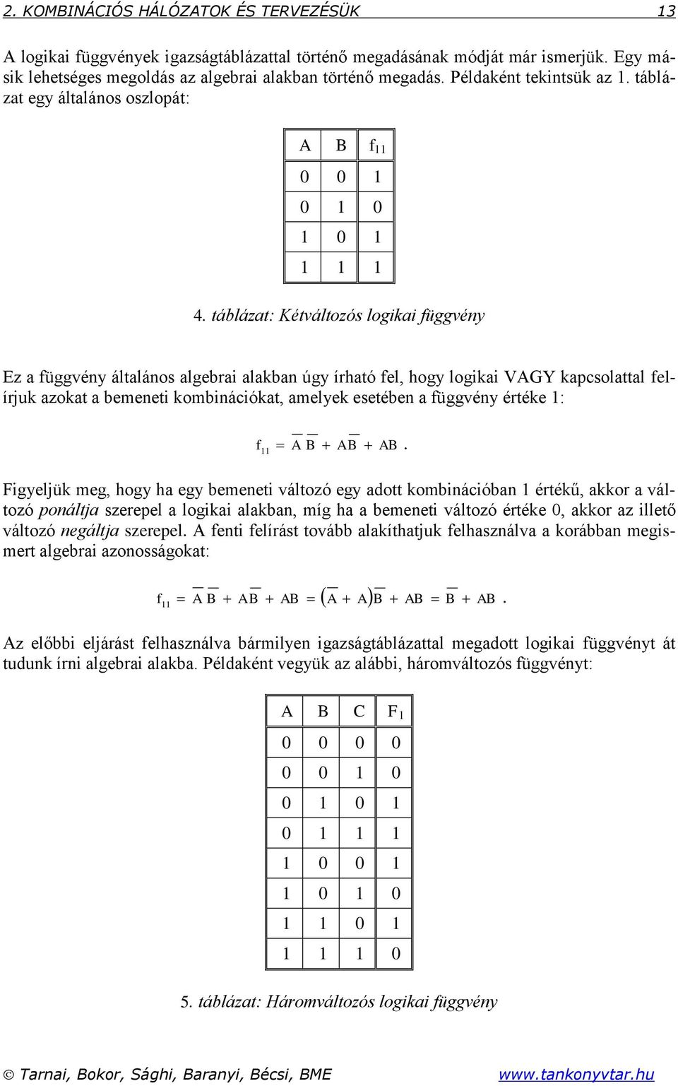 táblázat: Kétváltozós logikai függvén Ez a függvén általános algebrai alakban úg írható fel, hog logikai VGY kapcsolattal felírjuk azokat a bemeneti kombinációkat, amelek esetében a függvén értéke :