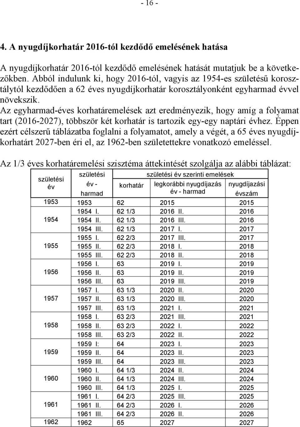 Az egyharmad-éves korhatáremelések azt eredményezik, hogy amíg a folyamat tart (-7), többször két korhatár is tartozik egy-egy naptári évhez.