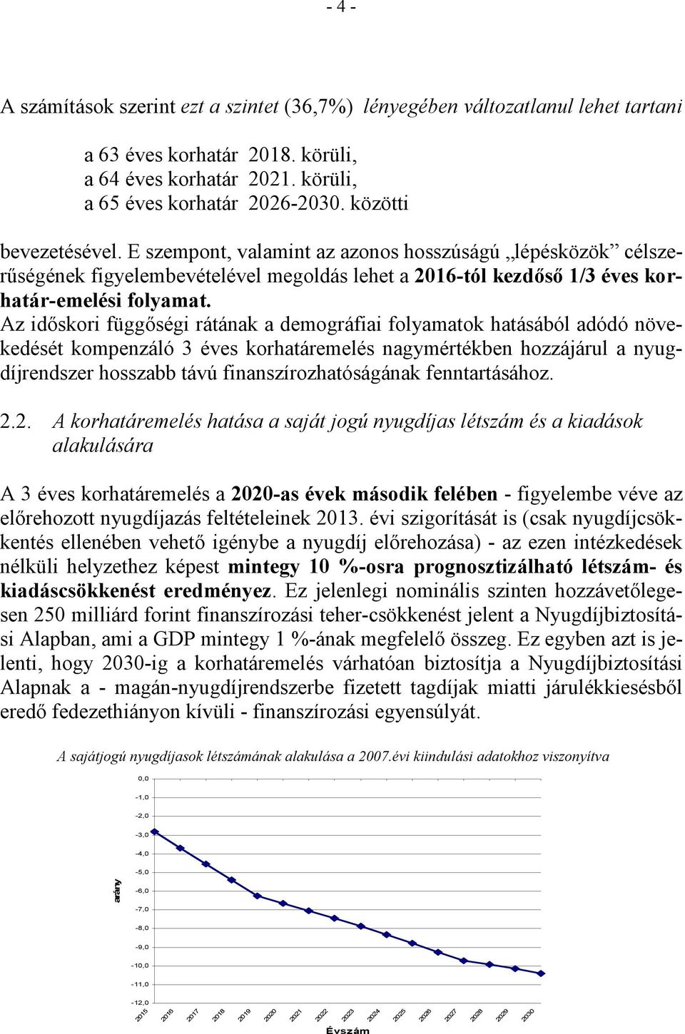 Az idıskori függıségi rátának a demográfiai folyamatok hatásából adódó növekedését kompenzáló 3 éves korhatáremelés nagymértékben hozzájárul a nyugdíjrendszer hosszabb távú finanszírozhatóságának