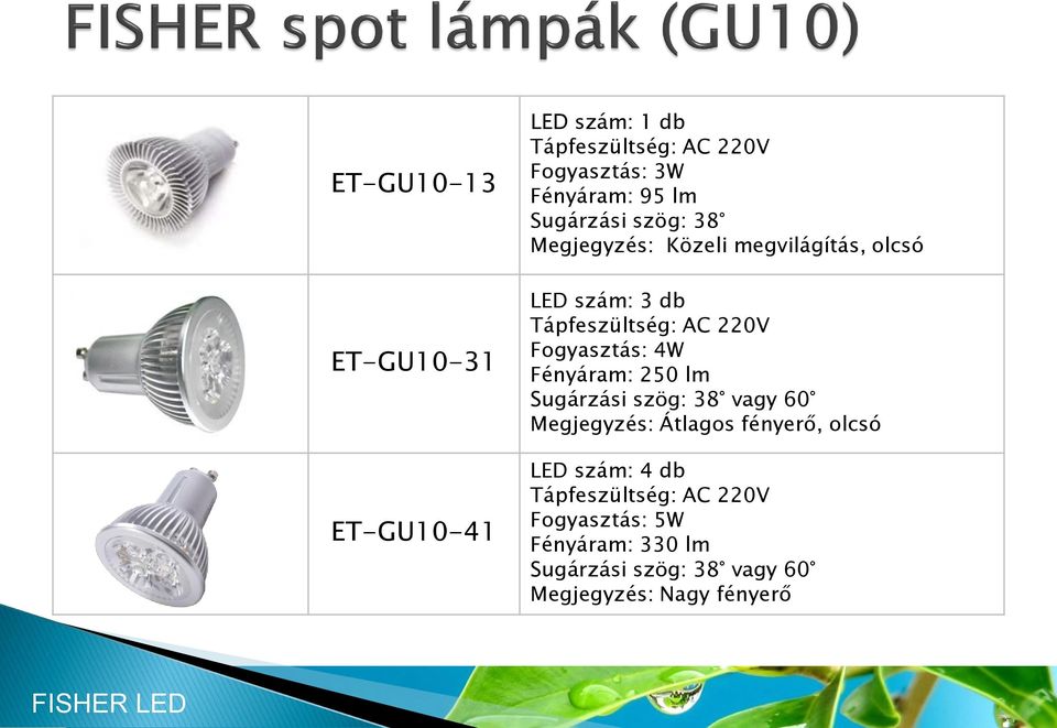 4W Fényáram: 250 lm Sugárzási szög: 38 vagy 60 Megjegyzés: Átlagos fényerő, olcsó LED