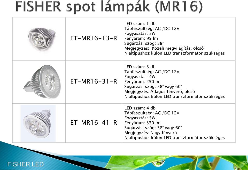 250 lm Sugárzási szög: 38 vagy 60 Megjegyzés: Átlagos fényerő, olcsó N altípushoz külön LED transzformátor szükséges LED szám: 4 db