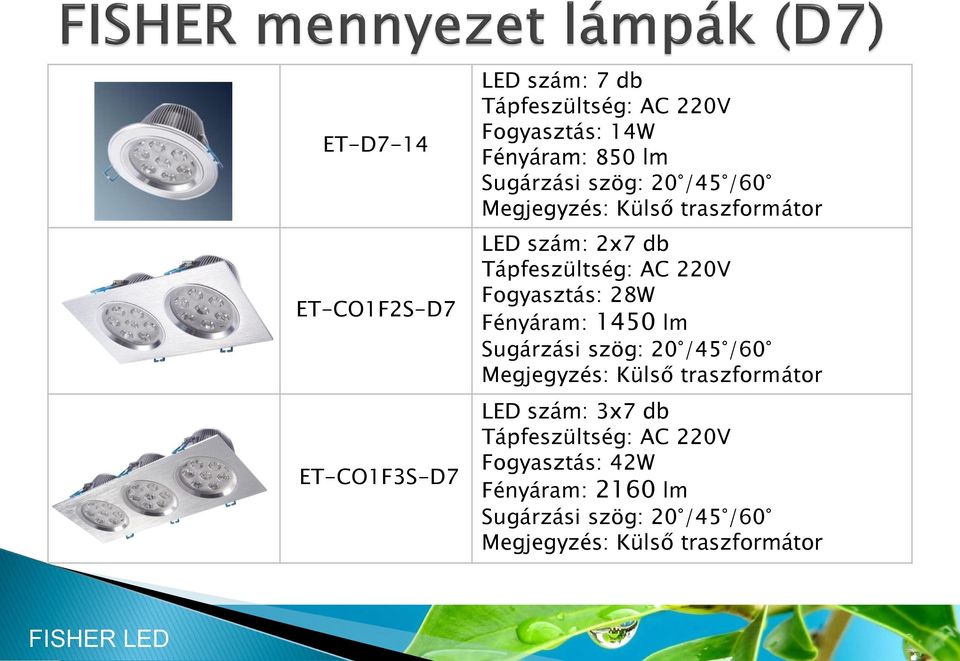 Fogyasztás: 28W Fényáram: 1450 lm Megjegyzés: Külső traszformátor LED