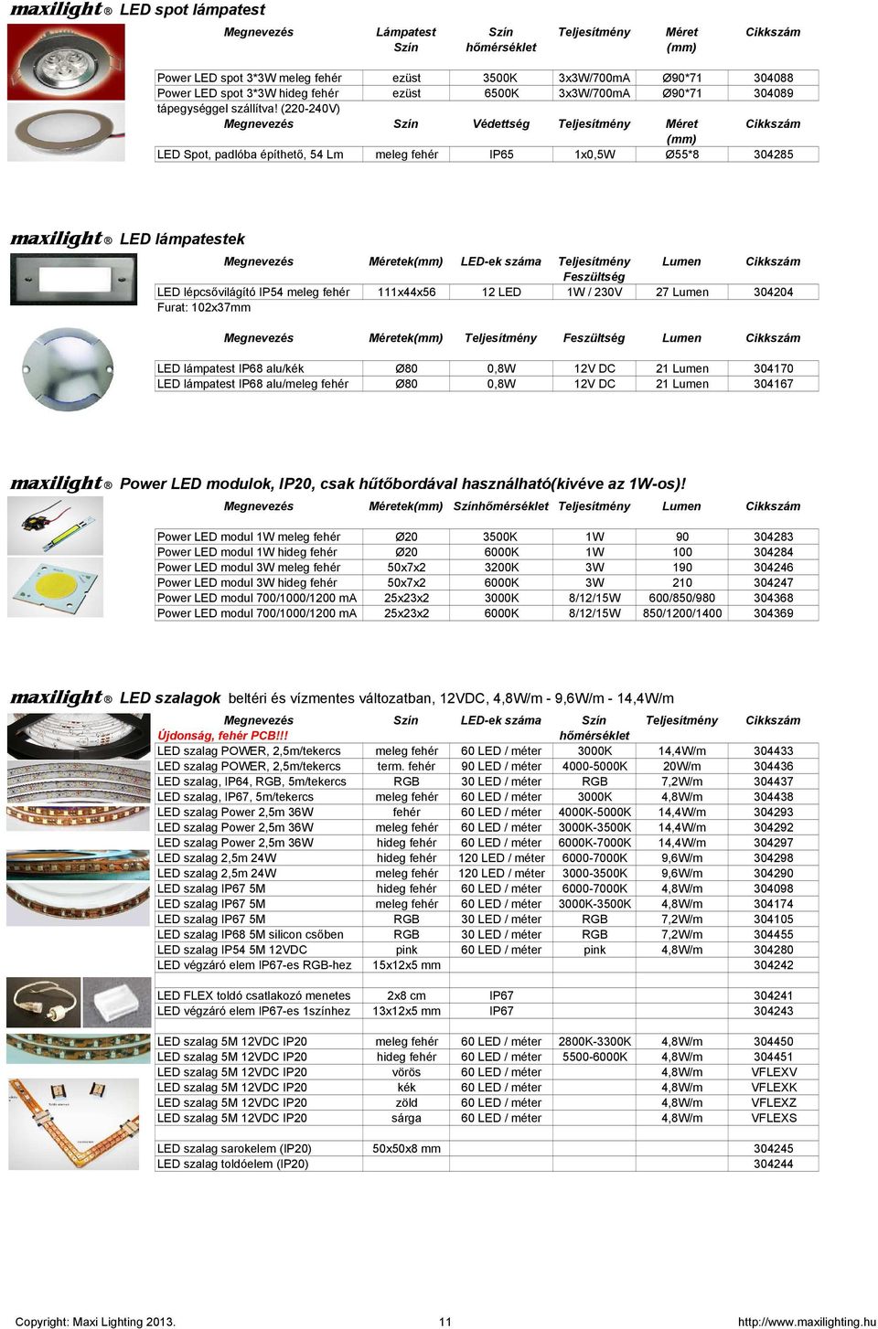 (220-240V) Megnevezés Szín Védettség Teljesítmény Méret Cikkszám (mm) LED Spot, padlóba építhetı, 54 Lm meleg fehér IP65 1x0,5W Ø55*8 304285 maxilight LED lámpatestek Megnevezés Méretek(mm) LED-ek