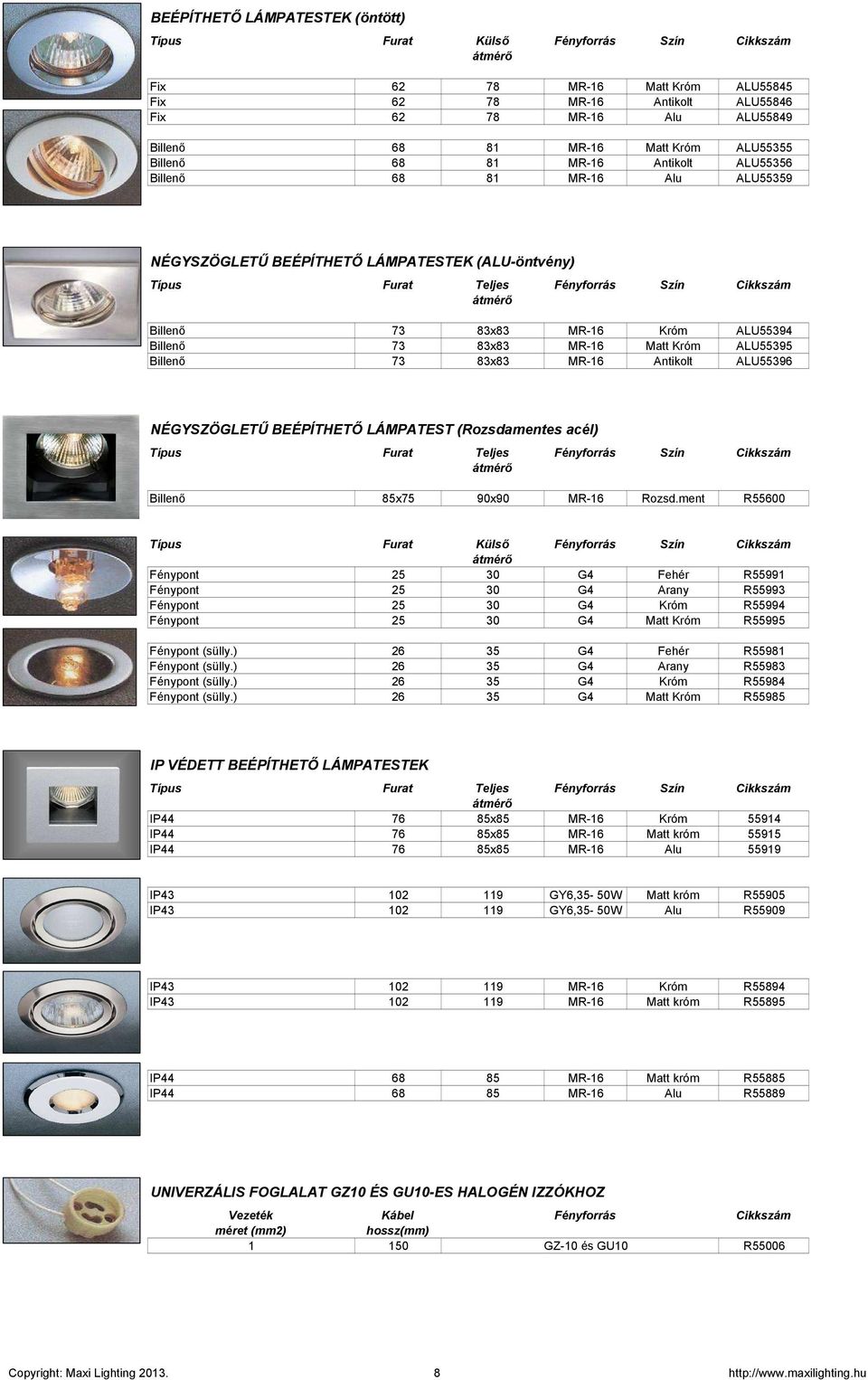 73 83x83 MR-16 Króm ALU55394 Billenı 73 83x83 MR-16 Matt Króm ALU55395 Billenı 73 83x83 MR-16 Antikolt ALU55396 NÉGYSZÖGLETŐ BEÉPÍTHETİ LÁMPATEST (Rozsdamentes acél) Típus Furat Teljes Fényforrás