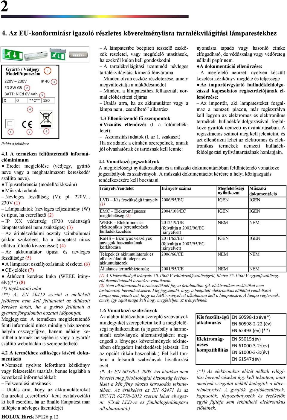 .. 230V Lámpaadatok (névleges teljesítmény (W) és típus, ha cserélhető (2) IP XX védettség (IP20 védettségű lámpatesteknél nem szükséges) (3) (akkor szükséges, ha a lámpatest nincs ellátva földelő