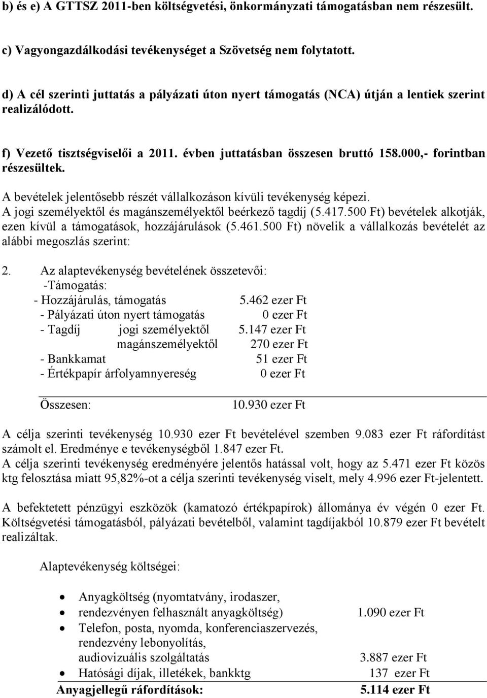 000,- forintban részesültek. A bevételek jelentősebb részét vállalkozáson kívüli tevékenység képezi. A jogi személyektől és magánszemélyektől beérkező tagdíj (5.417.