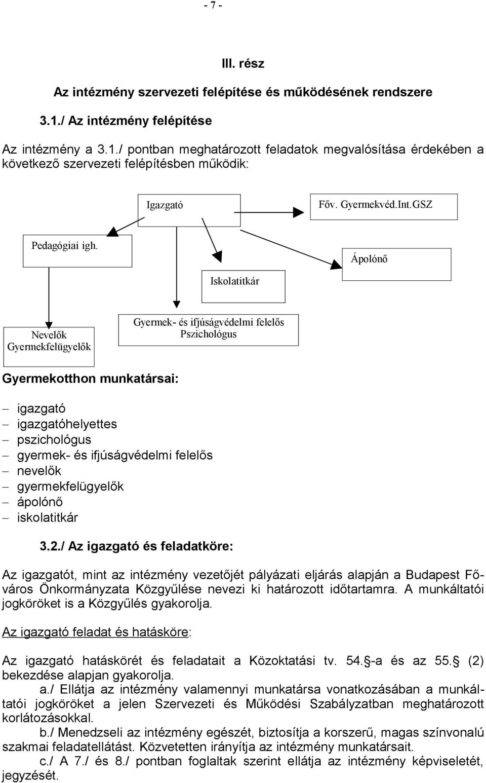 Ápolónő Iskolatitkár Nevelők Gyermekfelügyelők Gyermek- és ifjúságvédelmi felelős Pszichológus Gyermekotthon munkatársai: igazgató igazgatóhelyettes pszichológus gyermek- és ifjúságvédelmi felelős