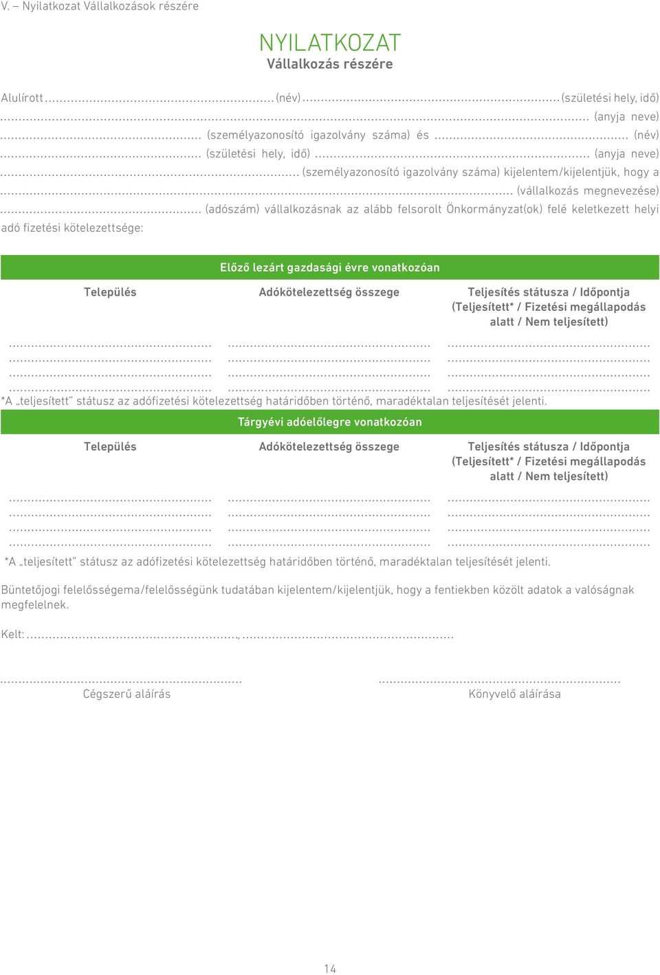 kötelezettsége: Előző lezárt gazdasági évre vonatkozóan Település Adókötelezettség összege Teljesítés státusza / Időpontja (Teljesített* / Fizetési megállapodás alatt / Nem teljesített) *A