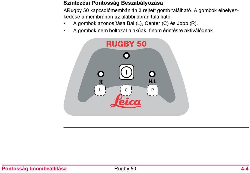 A gombok azonosítása Bal (L), Center (C) és Jobb (R).