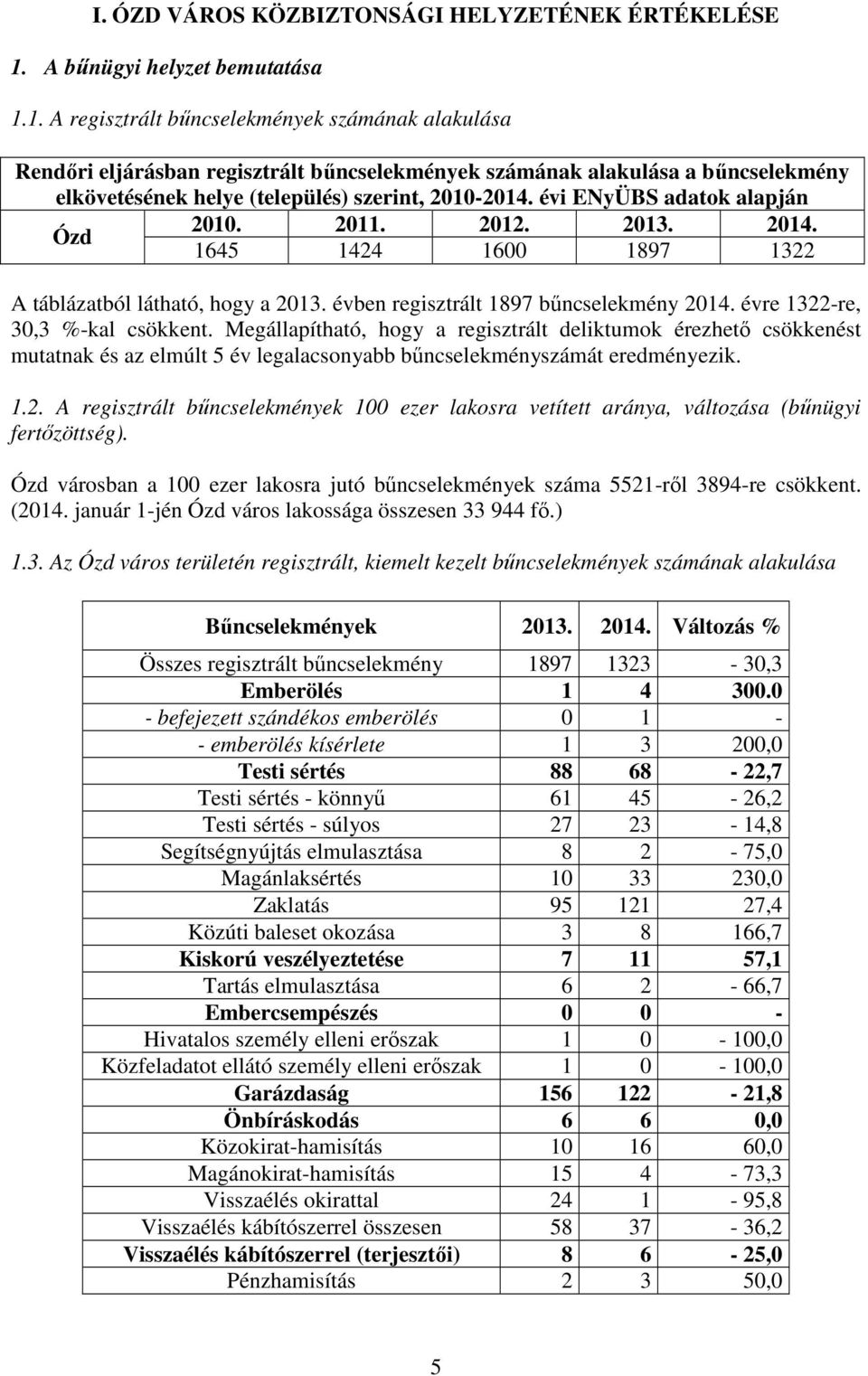 1. A regisztrált bűncselekmények számának alakulása Rendőri eljárásban regisztrált bűncselekmények számának alakulása a bűncselekmény elkövetésének helye (település) szerint, 2010-2014.