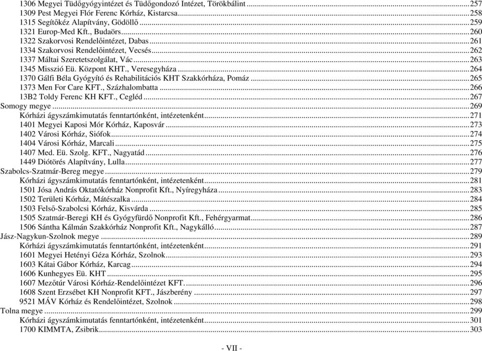 ..264 1370 Gálfi Béla Gyógyító és Rehabilitációs KHT Szakkórháza, Pomáz...265 1373 Men For Care KFT., Százhalombatta...266 13B2 Toldy Ferenc KH KFT., Cegléd...267 Somogy megye.