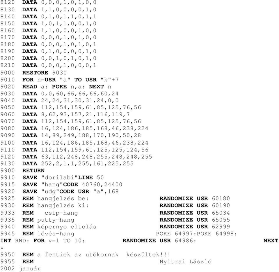 24,24,31,30,31,24,0,0 9050 DATA 112,154,159,61,85,125,76,56 9060 DATA 8,62,93,157,21,116,119,7 9070 DATA 112,154,159,61,85,125,76,56 9080 DATA 16,124,186,185,168,46,238,224 9090 DATA