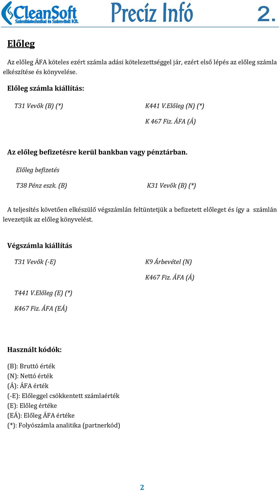 (B) K31 Vevők (B) (*) A teljesítés követően elkészülő végszámlán feltüntetjük a befizetett előleget és így a számlán levezetjük az előleg könyvelést.