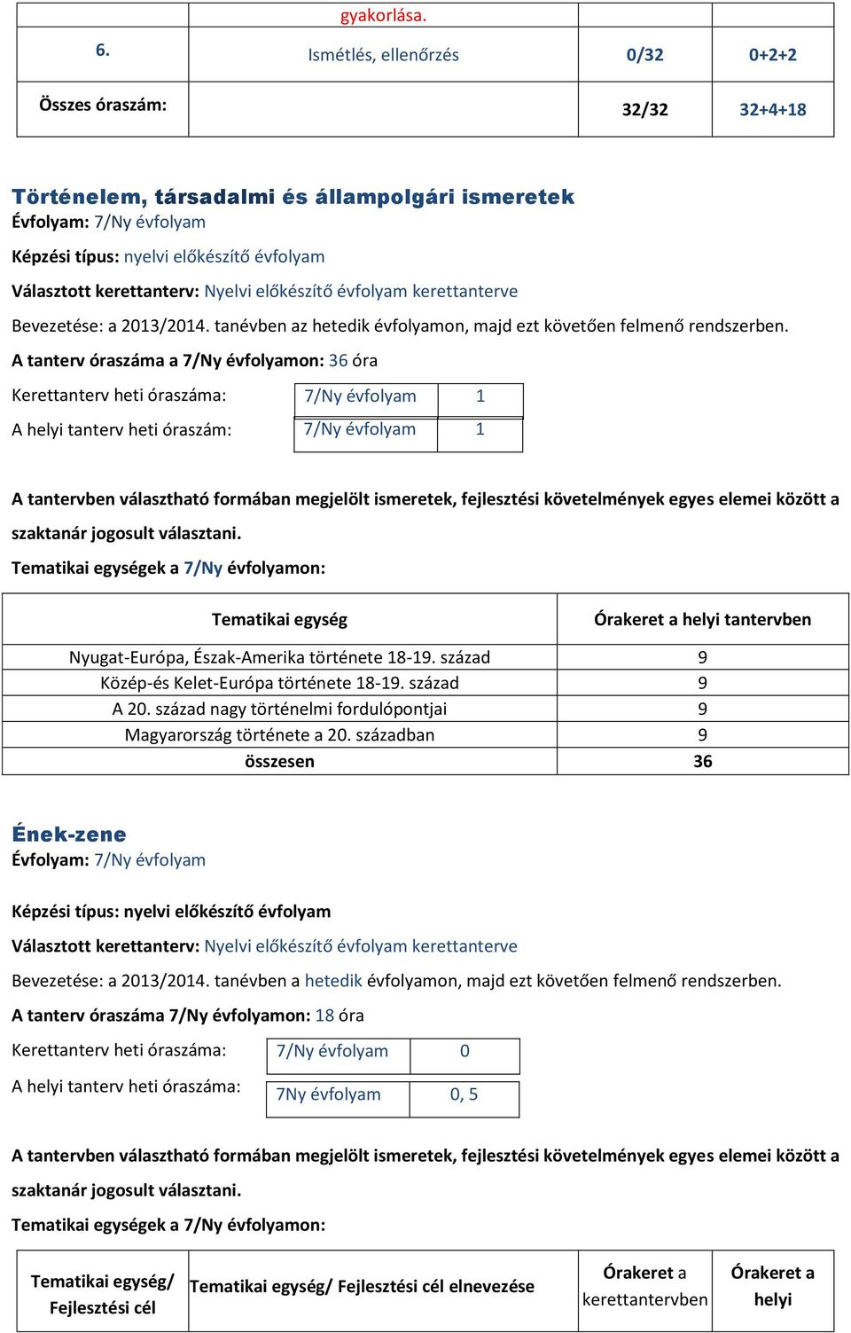 kerettanterv: Nyelvi előkészítő évfolyam kerettanterve Bevezetése: a 2013/2014. tanévben az hetedik évfolyamon, majd ezt követően felmenő rendszerben.