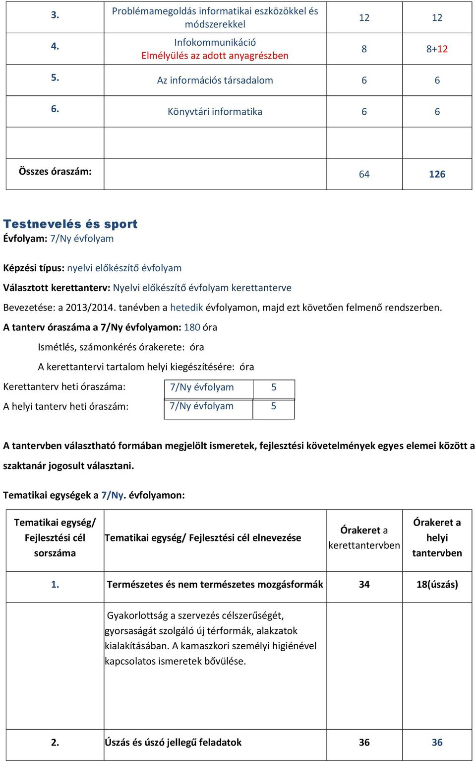 kerettanterve Bevezetése: a 2013/2014. tanévben a hetedik évfolyamon, majd ezt követően felmenő rendszerben.