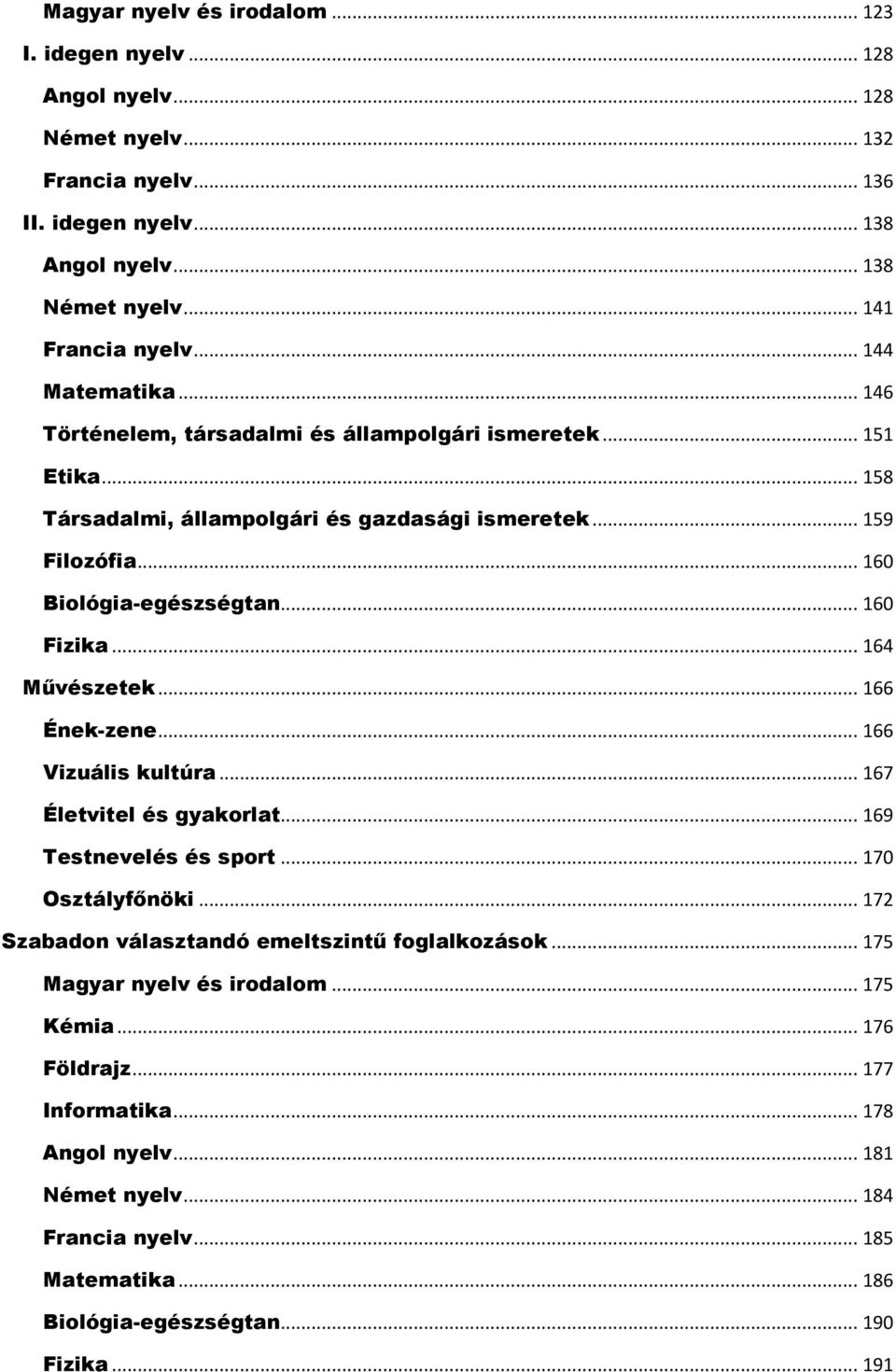 .. 160 Fizika... 164 Művészetek... 166 Ének-zene... 166 Vizuális kultúra... 167 Életvitel és gyakorlat... 169 Testnevelés és sport... 170 Osztályfőnöki.