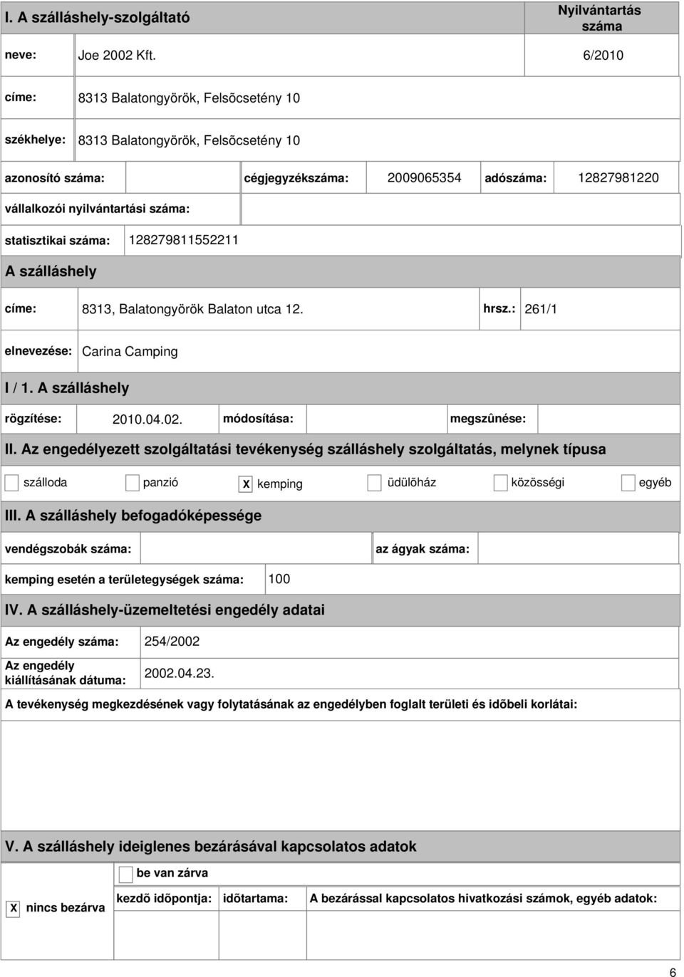 nyilvántartási : statisztikai : 128279811552211 címe: 8313, Balatongyörök Balaton utca 12. hrsz.: 261/1 Carina Camping rögzítése: 2010.04.