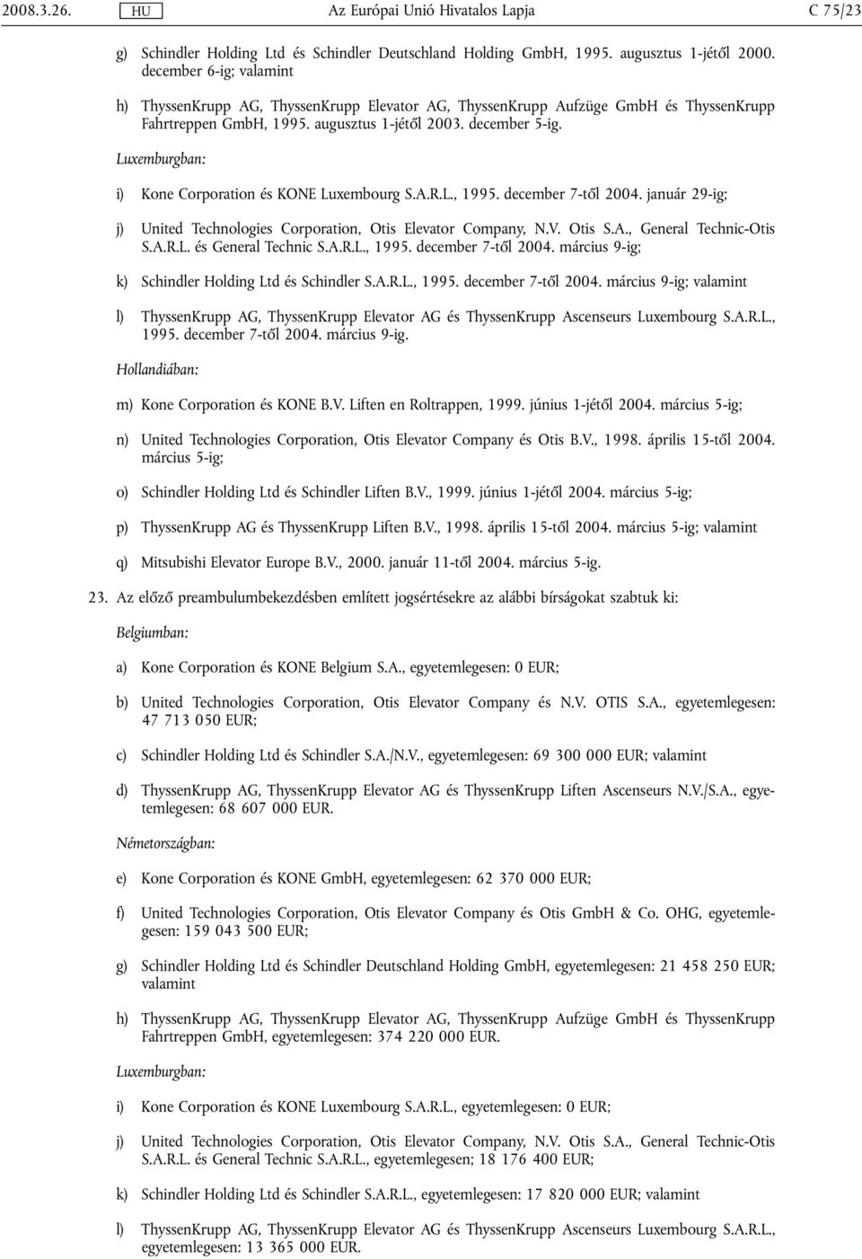 Luxemburgban: i) Kone Corporation és KONE Luxembourg S.A.R.L., 1995. december 7-től 2004. január 29-ig; j) United Technologies Corporation, Otis Elevator Company, N.V. Otis S.A., General Technic-Otis S.