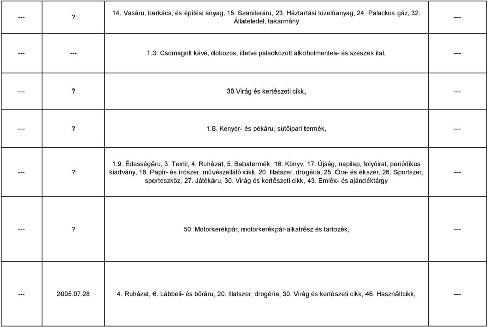 Újság, napilap, folyóirat, periódikus kiadvány, 18. Papír- és írószer, művészellátó cikk, 20. Illatszer, drogéria, 25. Óra- és ékszer, 26. Sportszer, sporteszköz, 27. Játékáru, 30.