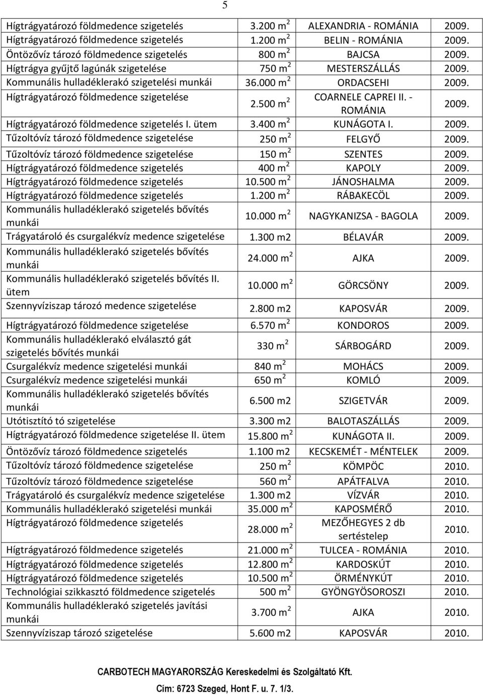 Hígtrágyatározó földmedence szigetelés I. ütem 3.400 m 2 KUNÁGOTA I. 2009. Tűzoltóvíz tározó földmedence 250 m 2 FELGYŐ 2009. Tűzoltóvíz tározó földmedence 150 m 2 SZENTES 2009.