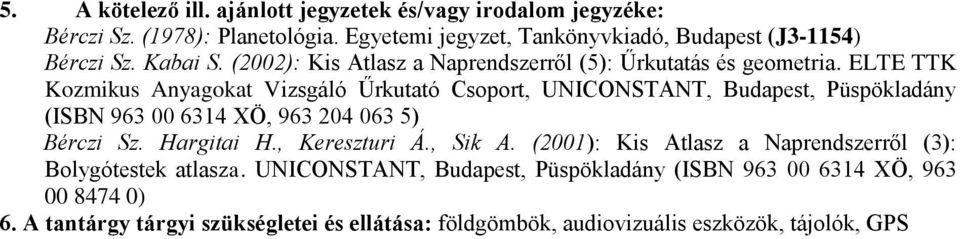 ELTE TTK Kozmikus Anyagokat Vizsgáló Űrkutató Csoport, UNICONSTANT, Budapest, Püspökladány (ISBN 963 00 6314 XÖ, 963 204 063 5) Bérczi Sz. Hargitai H.