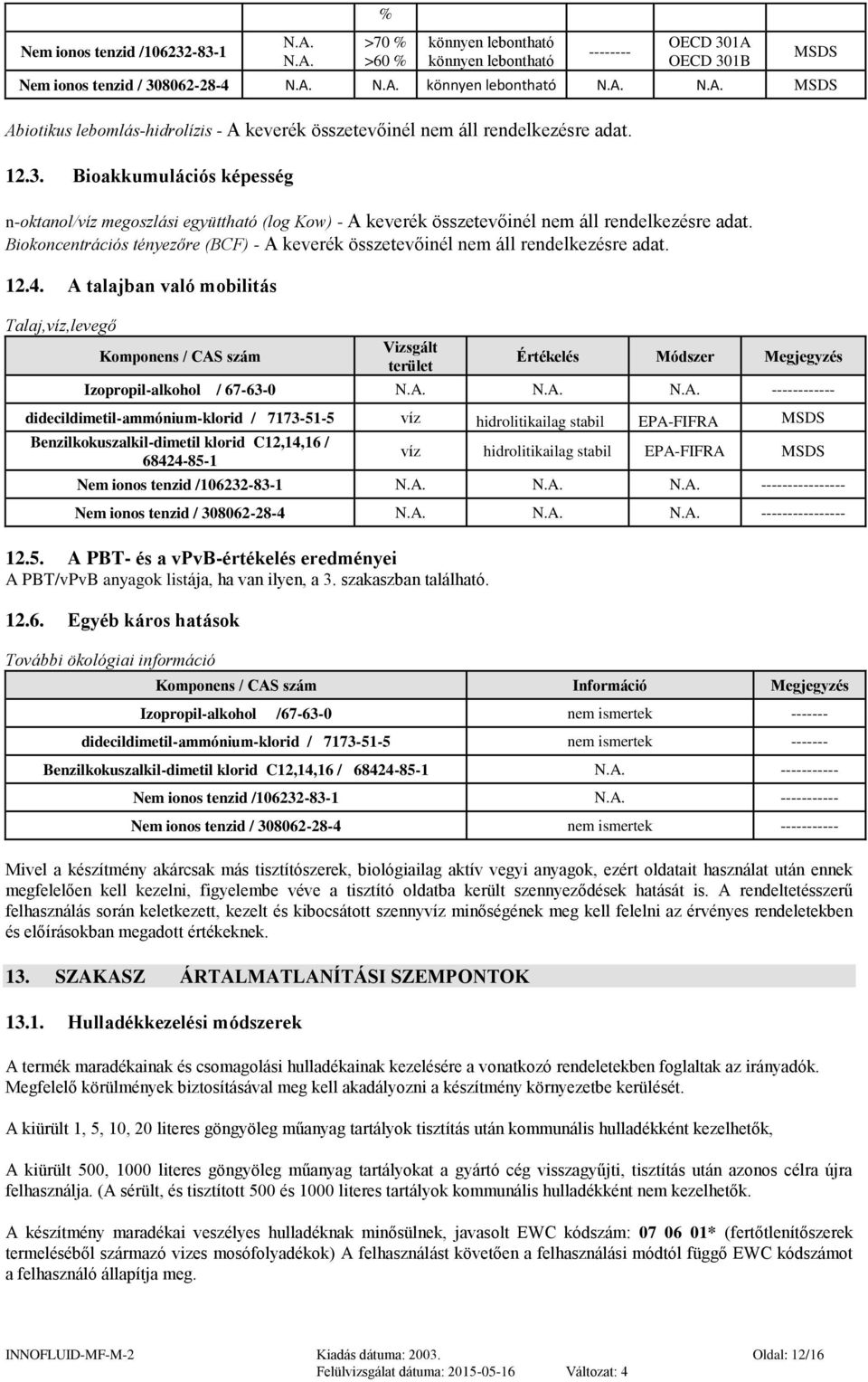 Biokoncentrációs tényezőre (BCF) - A keverék összetevőinél nem áll rendelkezésre adat. 12.4.