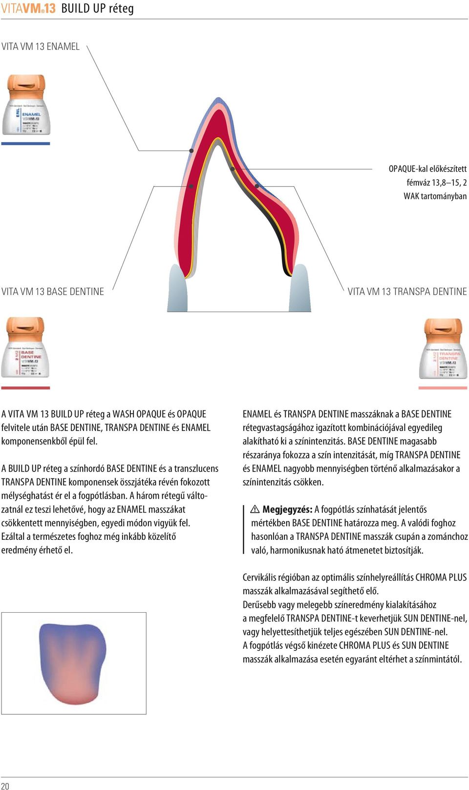 A BUILD UP réteg a színhordó BASE DENTINE és a transzlucens TRANSPA DENTINE komponensek összjátéka révén fokozott mélységhatást ér el a fogpótlásban.