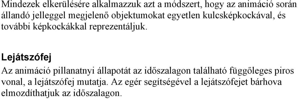 Lejátszófej Az animáció pillanatnyi állapotát az időszalagon található függőleges piros