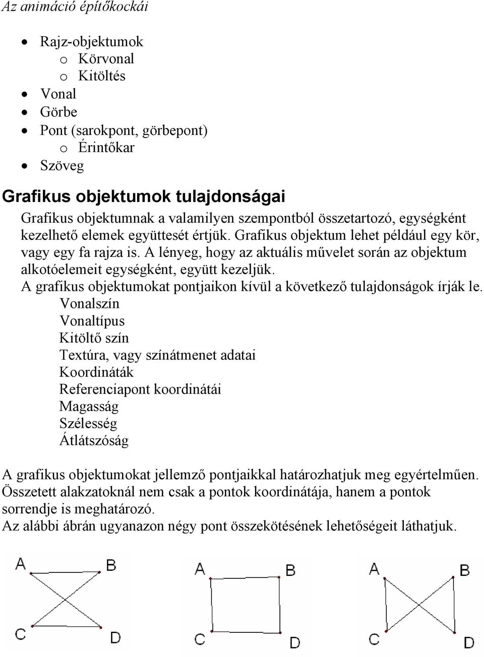 A lényeg, hogy az aktuális művelet során az objektum alkotóelemeit egységként, együtt kezeljük. A grafikus objektumokat pontjaikon kívül a következő tulajdonságok írják le.