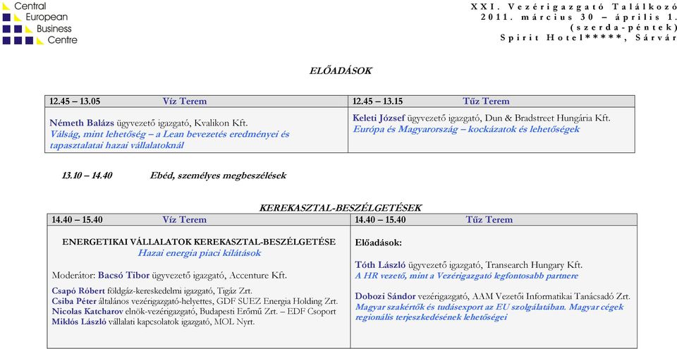 Európa és Magyarország kockázatok és lehetőségek 13.10 14.40 Ebéd, személyes megbeszélések 14.40 15.