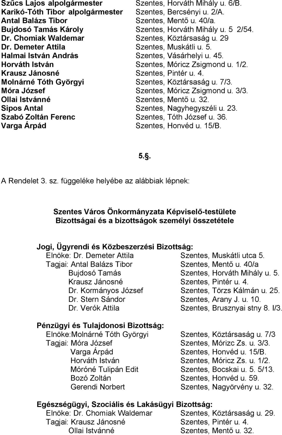 Horváth István Szentes, Móricz Zsigmond u. 1/2. Krausz Jánosné Szentes, Pintér u. 4. Molnárné Tóth Györgyi Szentes, Köztársaság u. 7/3. Móra József Szentes, Móricz Zsigmond u. 3/3.