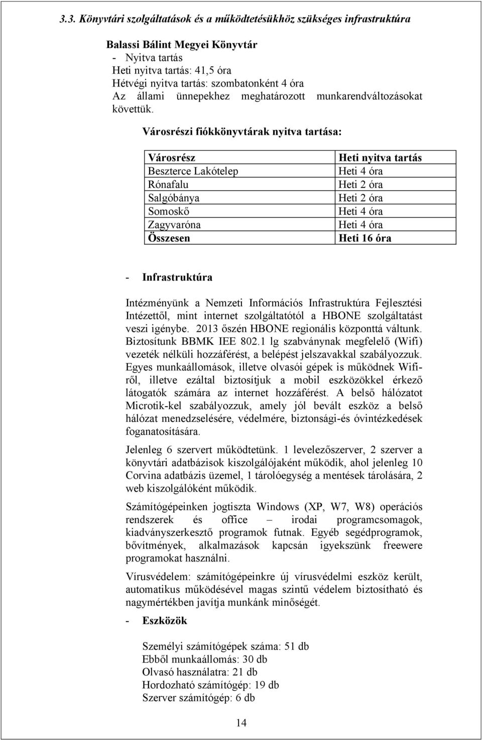 Városrészi fiókkönyvtárak nyitva tartása: Városrész Beszterce Lakótelep Rónafalu Salgóbánya Somoskő Zagyvaróna Összesen Heti nyitva tartás Heti 4 óra Heti 2 óra Heti 2 óra Heti 4 óra Heti 4 óra Heti