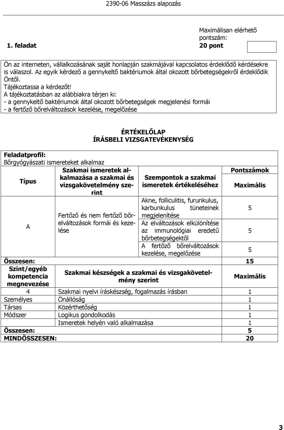 A tájékoztatásban az alábbiakra térjen ki: - a gennykeltı baktériumok által okozott bırbetegségek megjelenési formái - a fertızı bırelváltozások kezelése, megelızése ÉRTÉKELİLAP ÍRÁSBELI