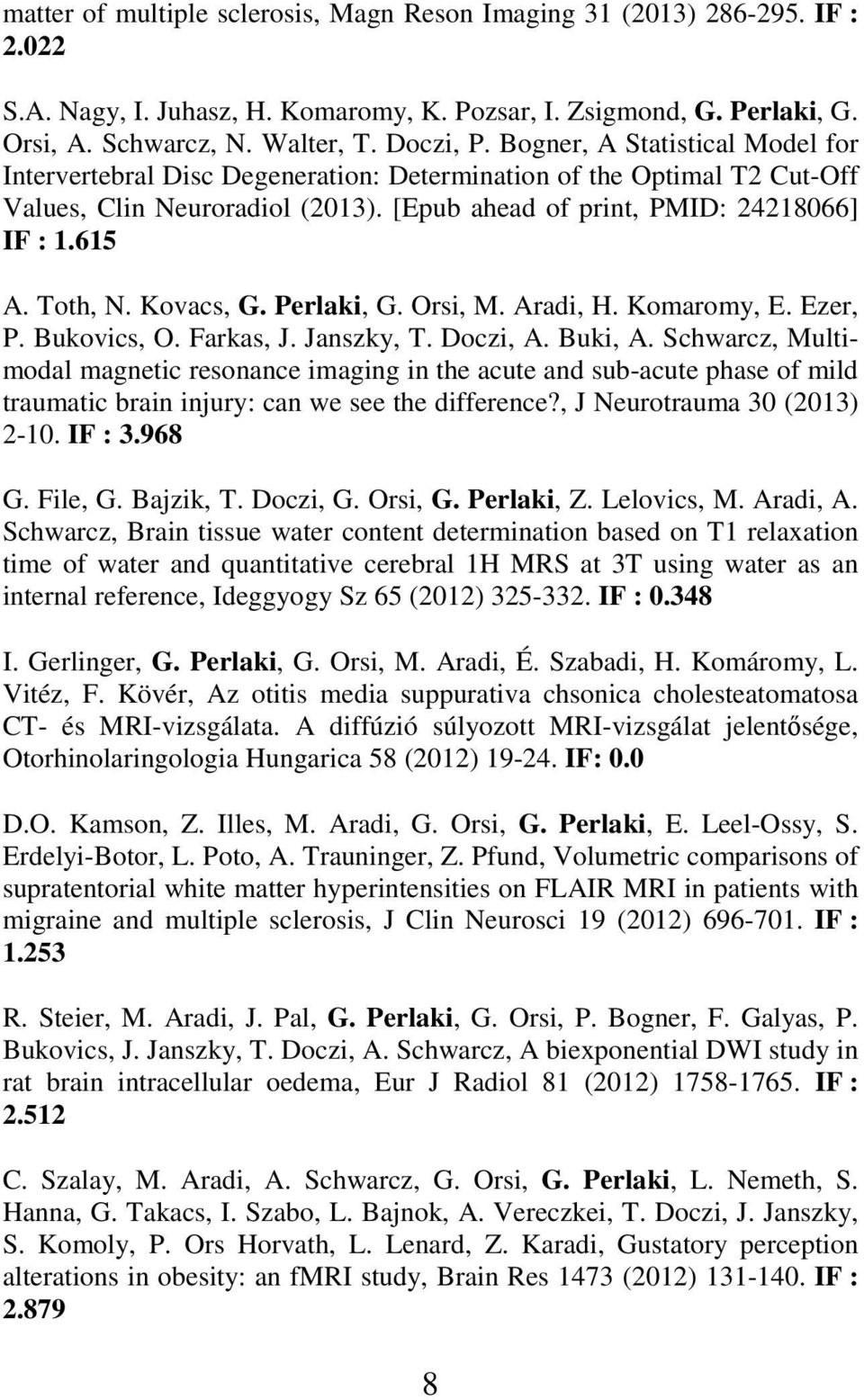 Kovacs, G. Perlaki, G. Orsi, M. Aradi, H. Komaromy, E. Ezer, P. Bukovics, O. Farkas, J. Janszky, T. Doczi, A. Buki, A.