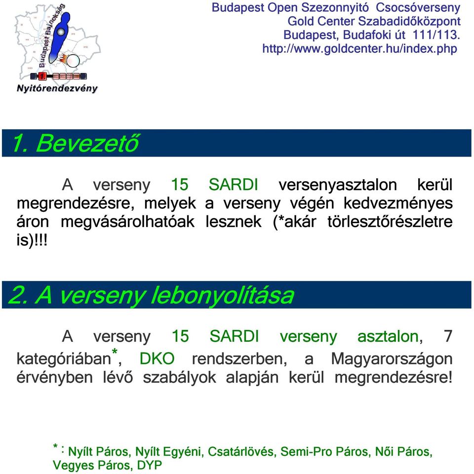 A verseny lebonyolítása A verseny 15 SARDI verseny asztalon, 7 kategóriában*, DKO rendszerben, a