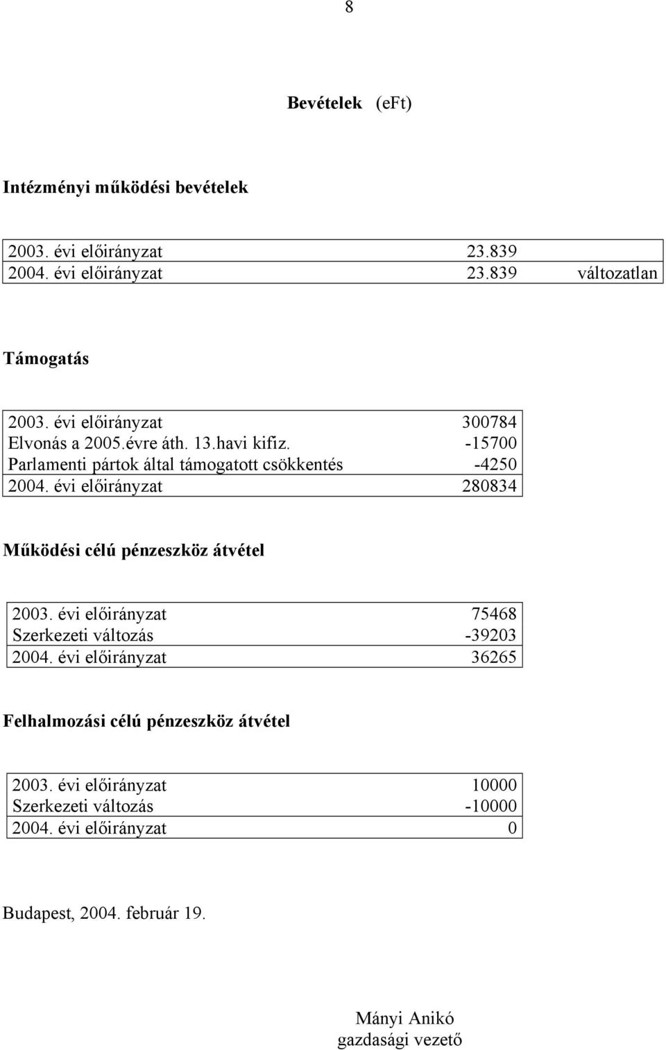 évi előirányzat 280834 Működési célú pénzeszköz átvétel 2003. évi előirányzat 75468 Szerkezeti változás -39203 2004.