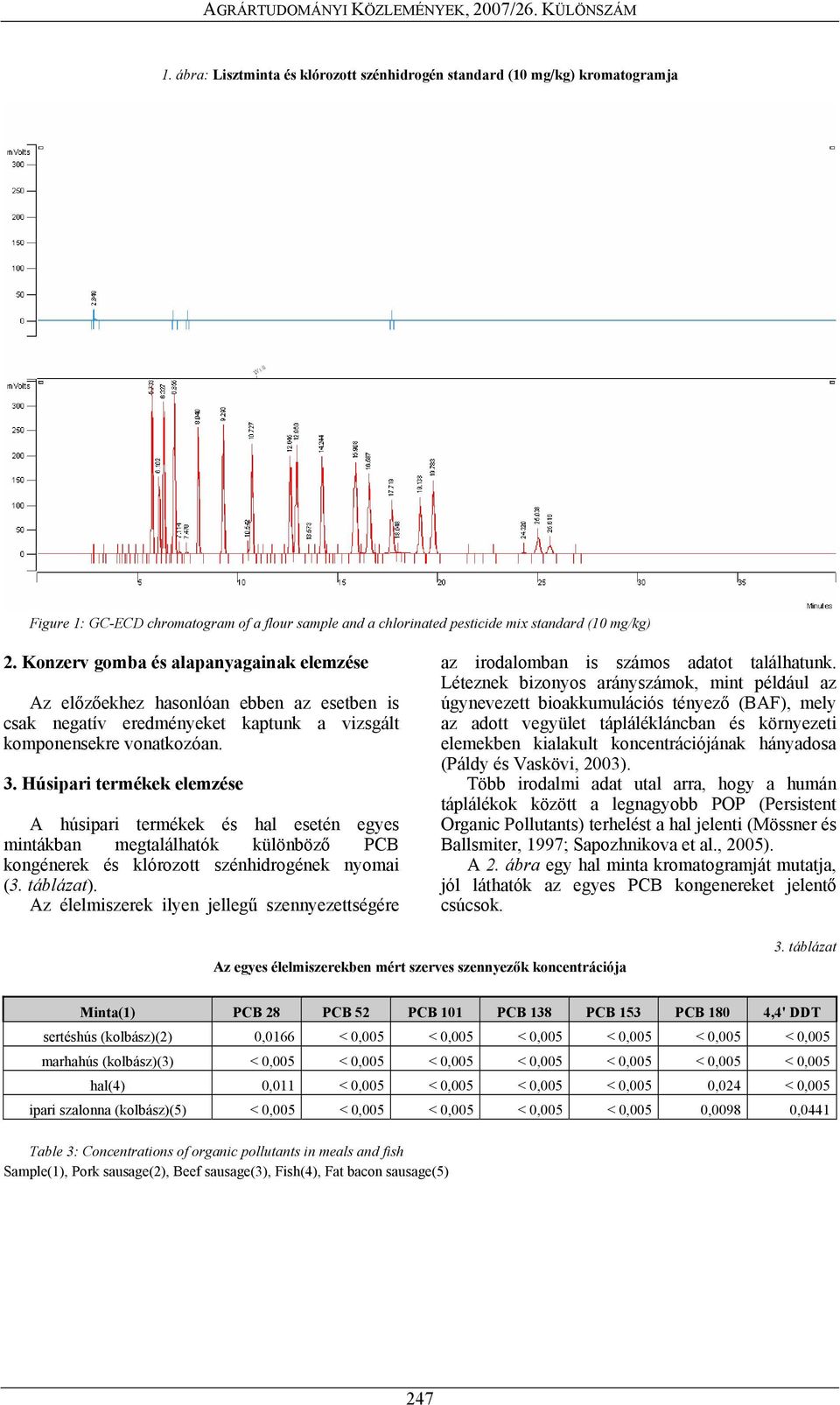 Húsipari termékek elemzése A húsipari termékek és hal esetén egyes mintákban megtalálhatók különböző PCB kongénerek és klórozott szénhidrogének nyomai (3. táblázat).