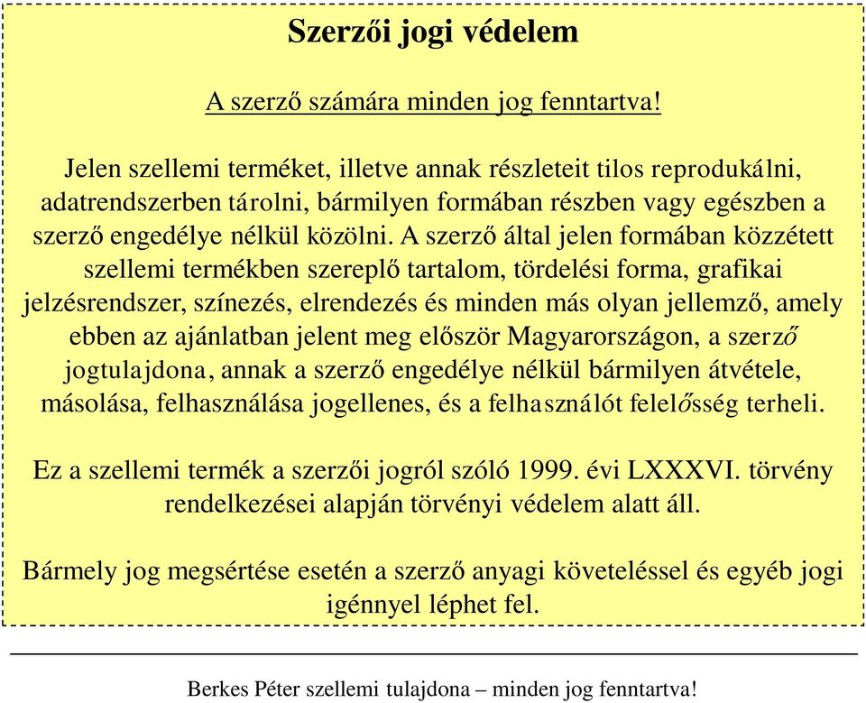 A szerző által jelen formában közzétett szellemi termékben szereplő tartalom, tördelési forma, grafikai jelzésrendszer, színezés, elrendezés és minden más olyan jellemző, amely ebben az ajánlatban