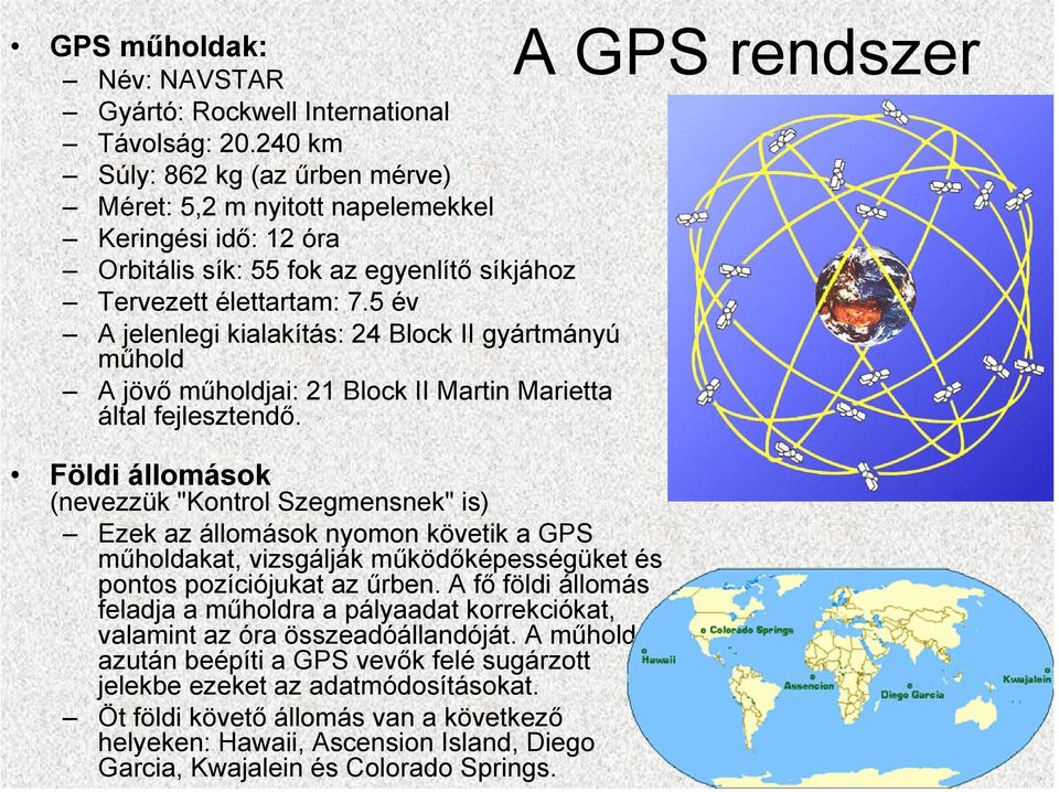 5 év A jelenlegi kialakítás: 24 Block II gyártmányú műhold A jövő műholdjai: 21 Block II Martin Marietta által fejlesztendő.