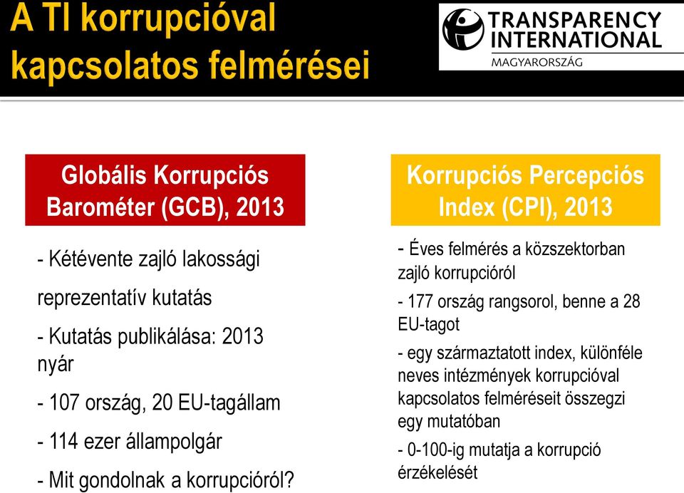 Korrupciós Percepciós Index (CPI), 2013 - Éves felmérés a közszektorban zajló korrupcióról - 177 ország rangsorol, benne a 28