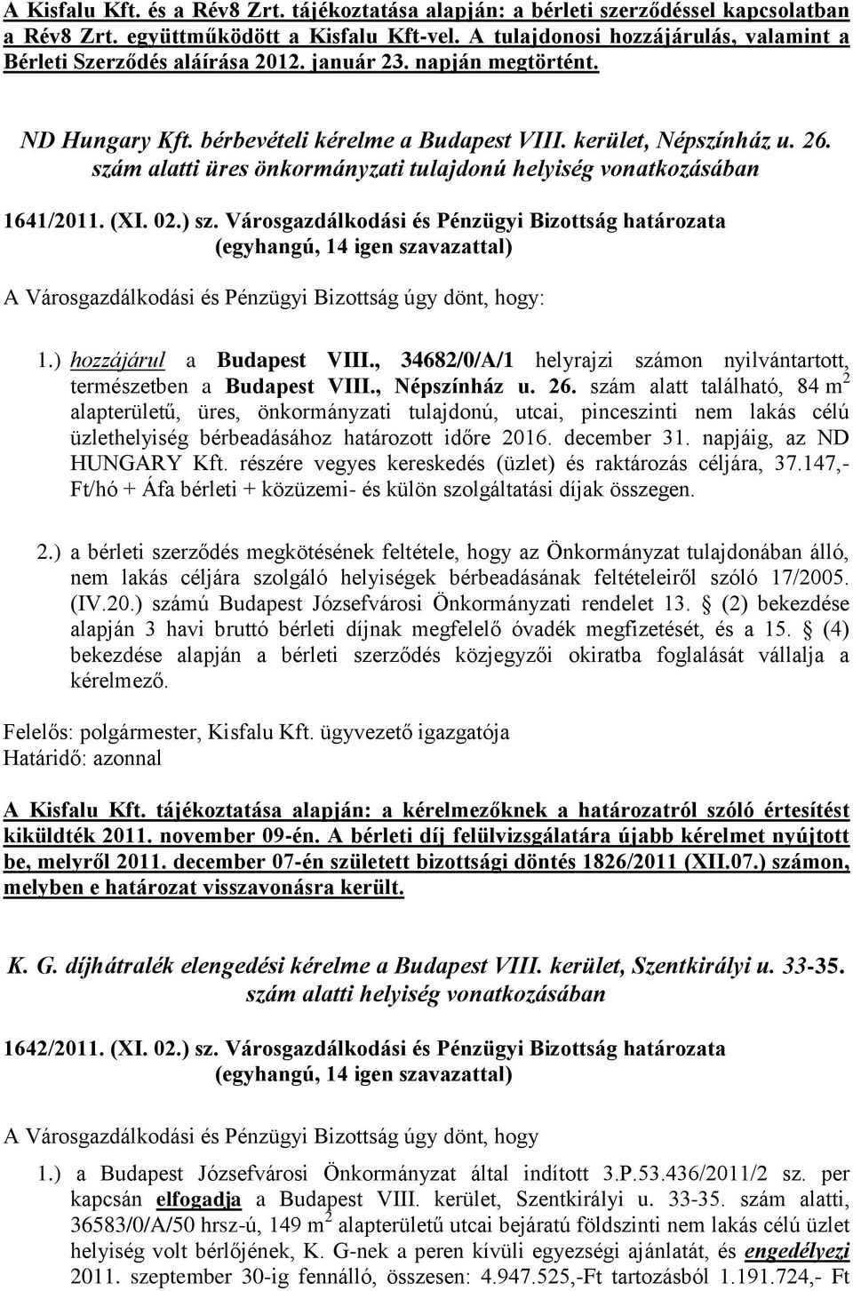 szám alatti üres önkormányzati tulajdonú helyiség vonatkozásában 1641/2011. (XI. 02.) sz.