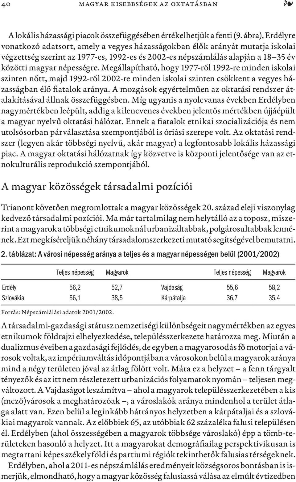 népességre. Megállapítható, hogy 1977-ről 1992-re minden iskolai szinten nőtt, majd 1992-ről 2002-re minden iskolai szinten csökkent a vegyes házasságban élő fiatalok aránya.