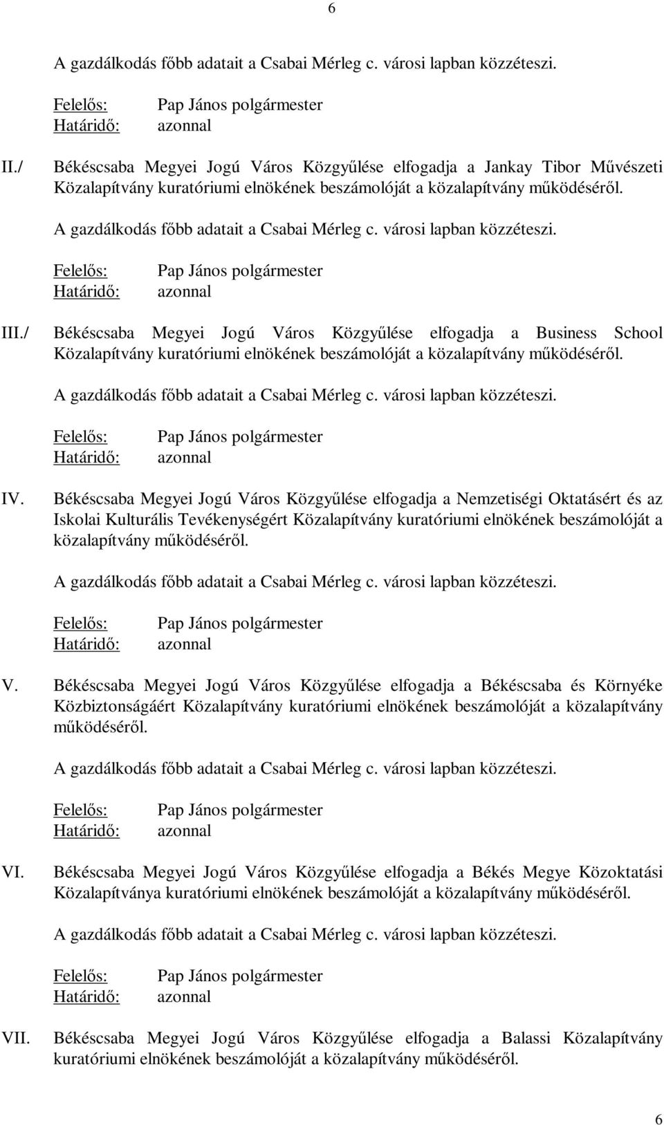 városi lapban közzéteszi. Felelős: Határidő: Pap János polgármester azonnal III.